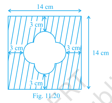 Fig. 11.20 (square of side 14 cm with a 4-petal shape made of four semicircles of radius 3 cm cut out)