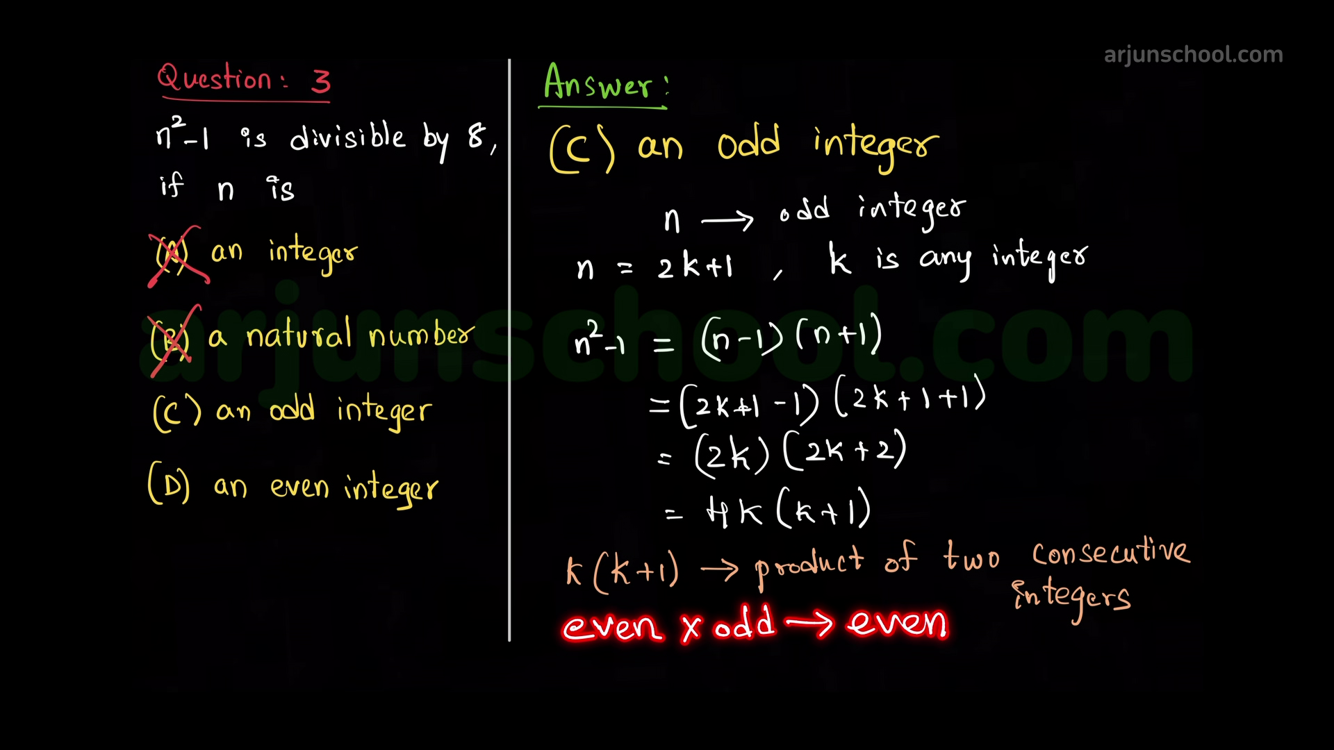 \(n^2 – 1\) is divisible by 8, if \(n\) is 3