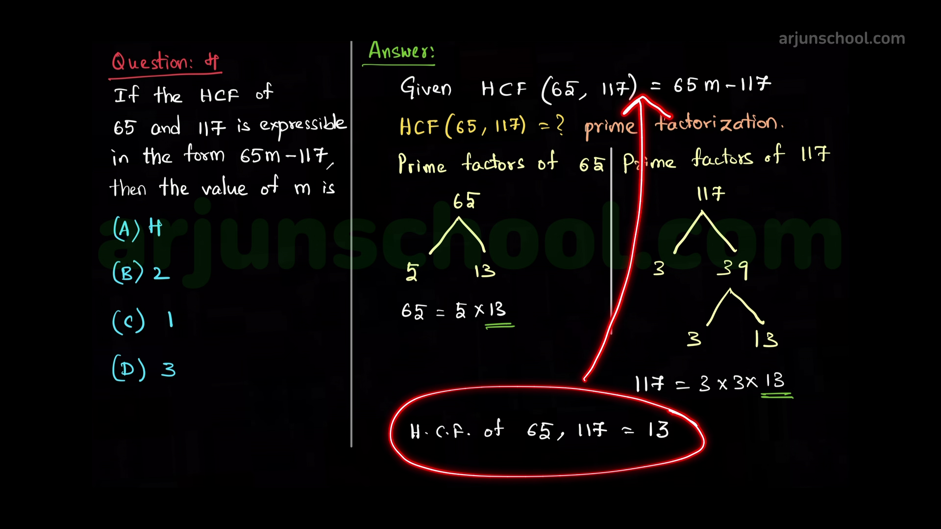 If the HCF of 65 and 117 is expressible in the form \(65m – 117\), then the value of \(m\) is