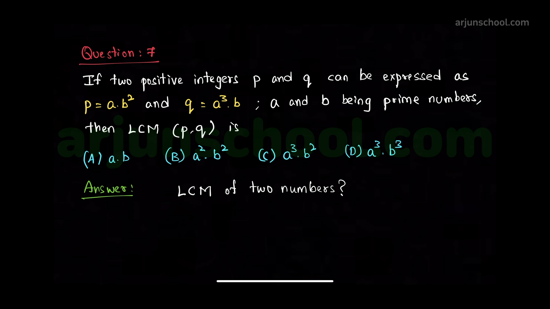 If two positive integers p and q can be expressed as \(p = ab^2\) and \(q = a^3b\); \(a, b\) being prime numbers, then \(LCM(p, q)\) is
