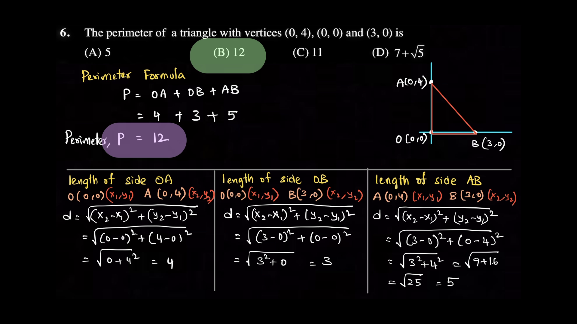 The perimeter of a triangle with vertices \((0,4),(0,0),(3,0)\) is
