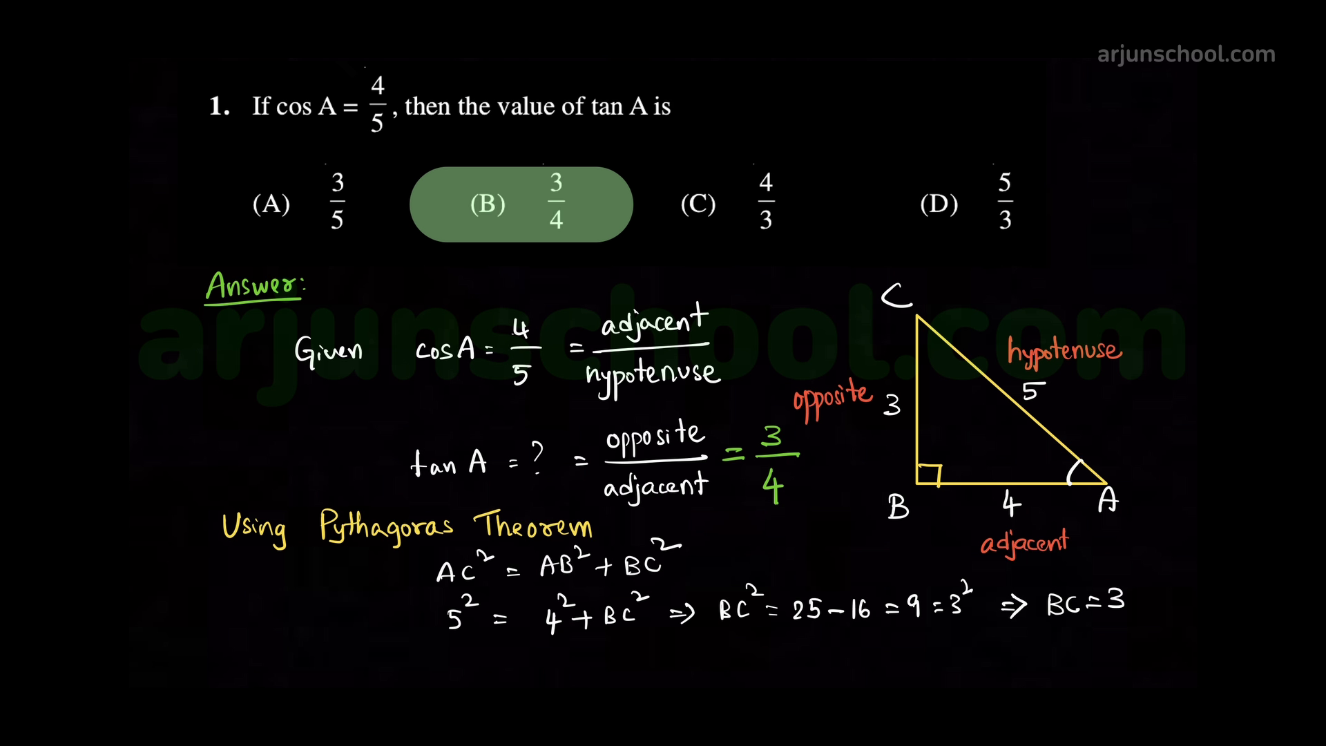 If \(\cos A = \dfrac{4}{5}\), then the value of \(\tan A\) is