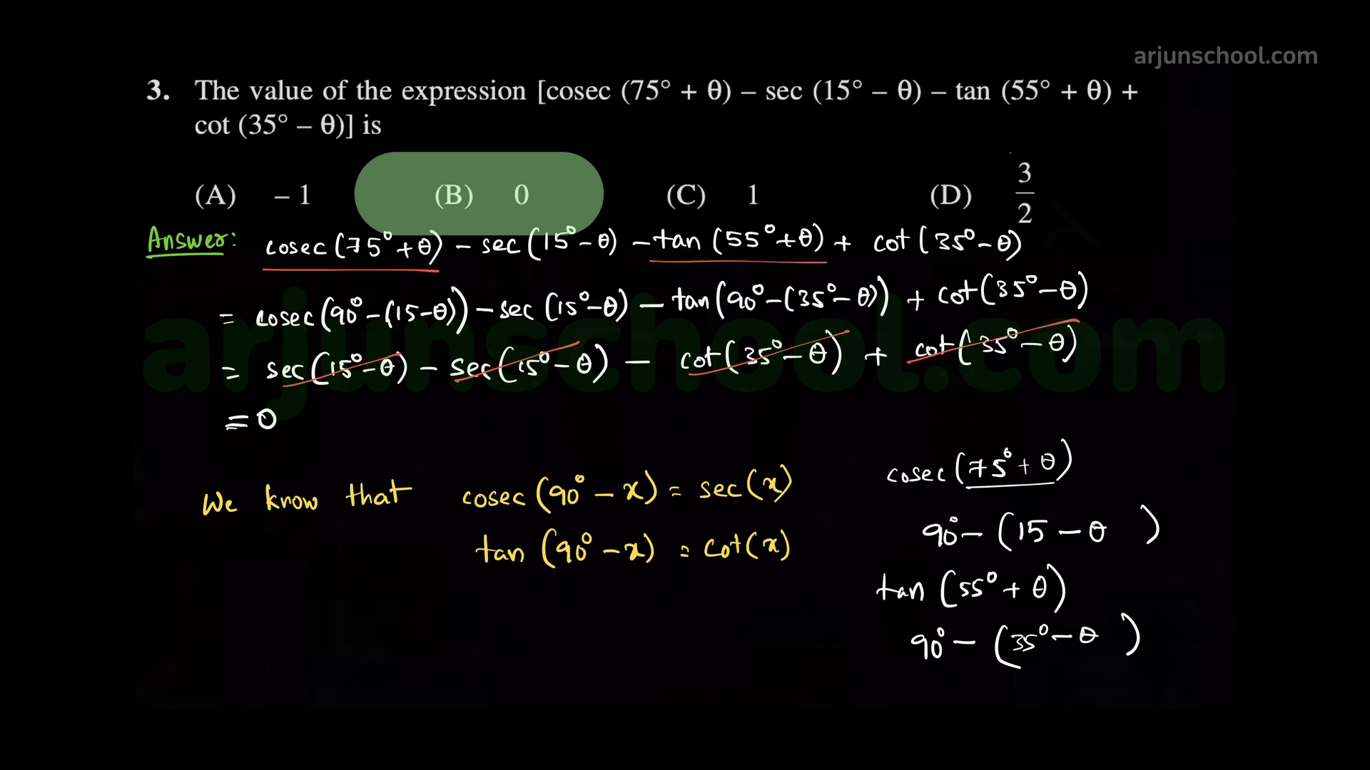 The value of \([\csc(75^\circ+\theta)-\sec(15^\circ-\theta)-\tan(55^\circ+\theta)+\cot(35^\circ-\theta)]\) is