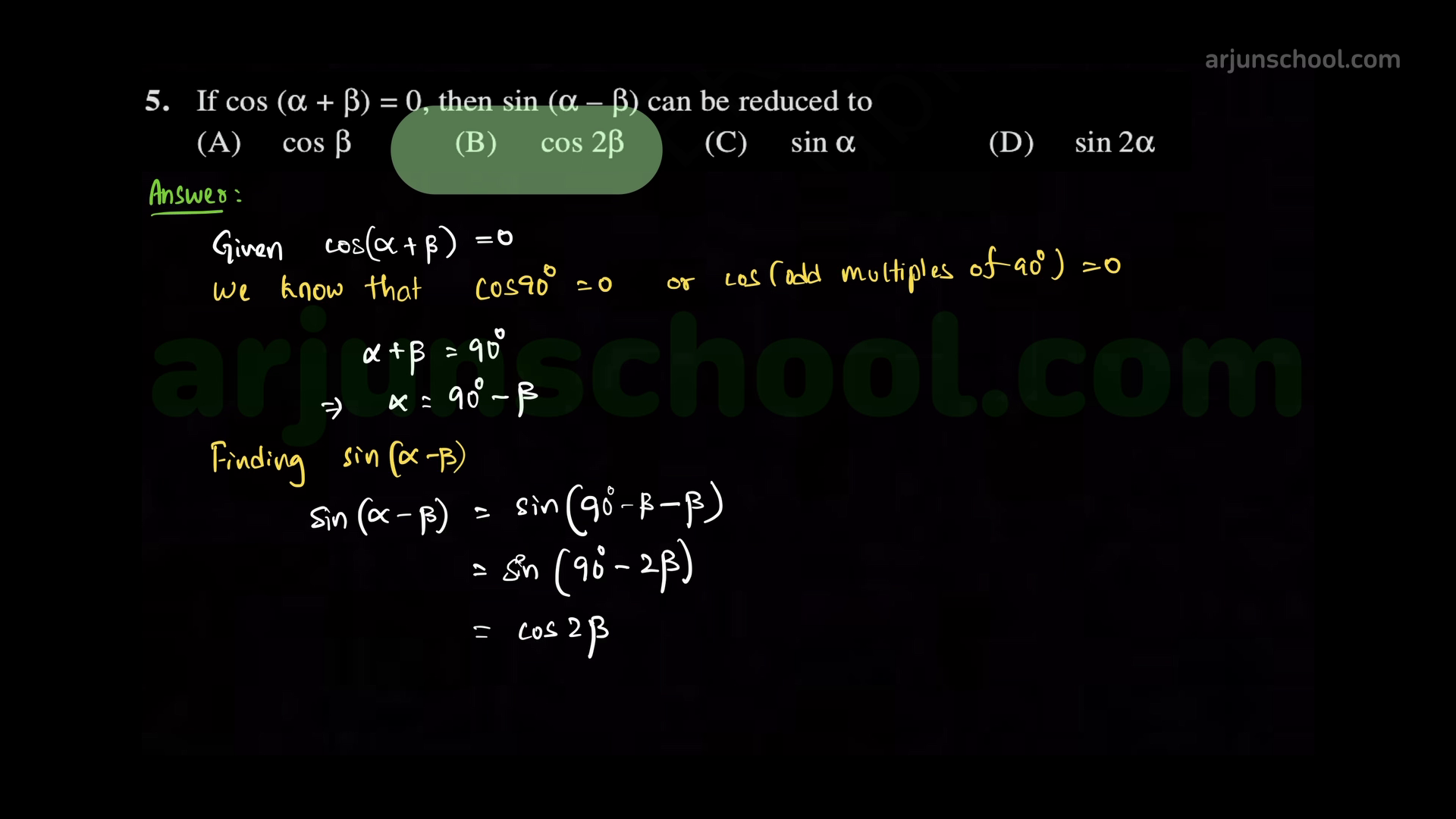 If \(\cos(\alpha+\beta)=0\), then \(\sin(\alpha-\beta)\) can be reduced to