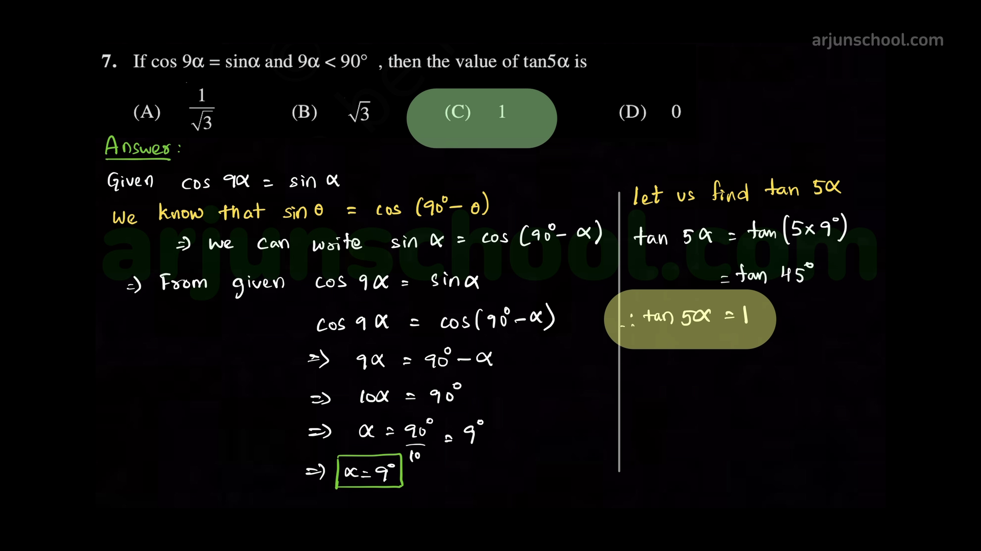 If \(\cos9\alpha=\sin\alpha\) and \(9\alpha<90^\circ\), then the value of \(\tan5\alpha\) is