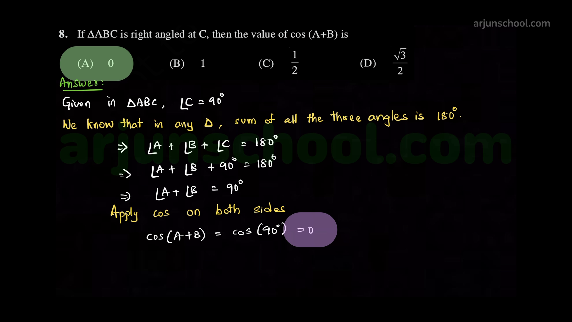 If \(\triangle ABC\) is right angled at \(C\), then the value of \(\cos(A+B)\) is